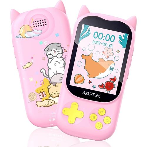 32Go MP3 Enfant Bluetooth 5.3 avec Haut-Parleur, Mignon Chat Design Enfant Lecteur MP3 Écran 2,4 Pouces, Baladeur Fille avec Bouton de Jeu/Volume Radio Réveil Carte TF Jusqu'à 128G-Rose