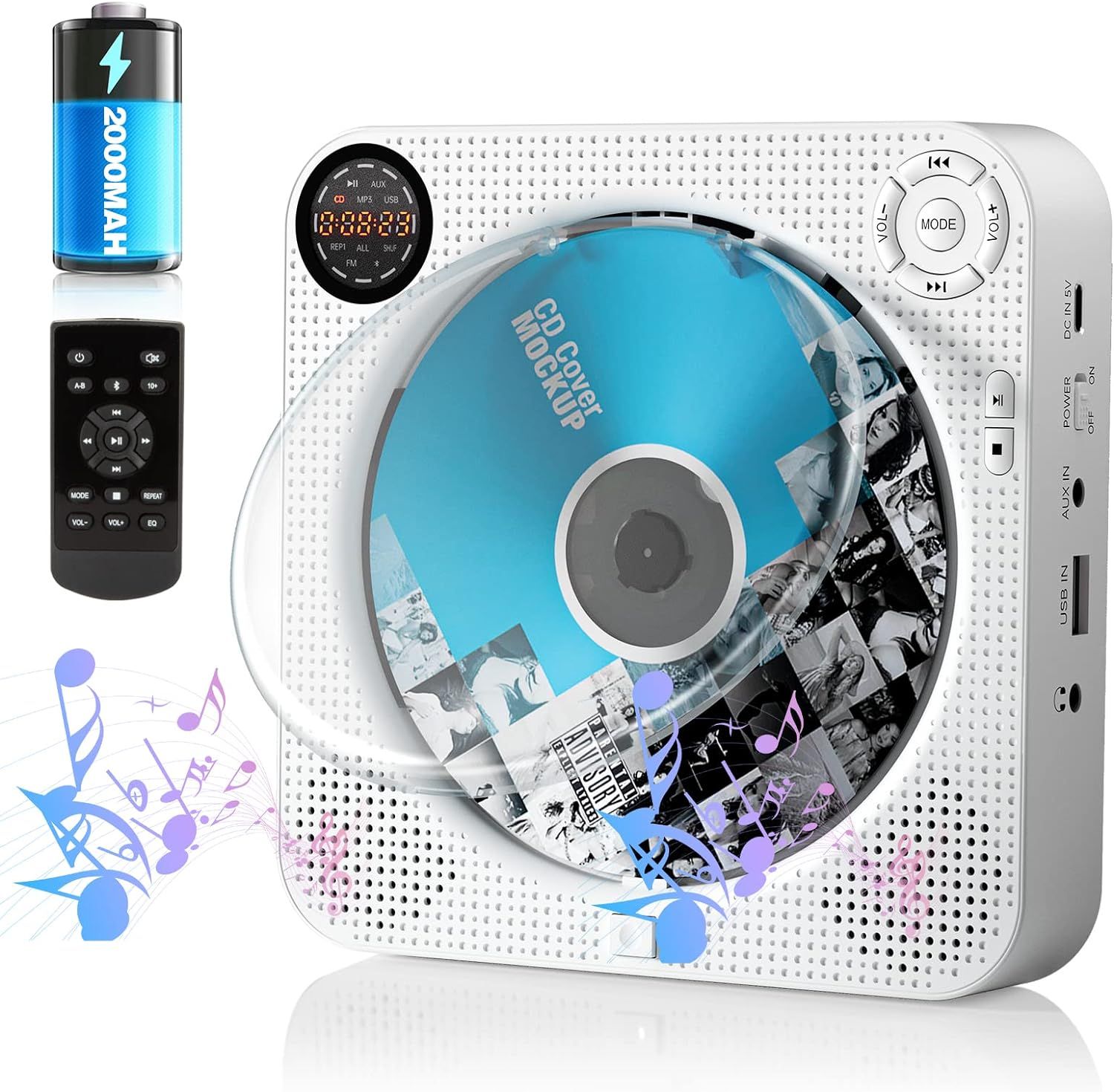 Lecteur CD Portable, Lecteur CD Mural Rechargeable avec Bluetooth et Haut-Parleur HiFi, Home Boombox Radio FM avec télécommande, baladeur CD Portable, Cache Anti-poussière, écran LED, USB, AUX