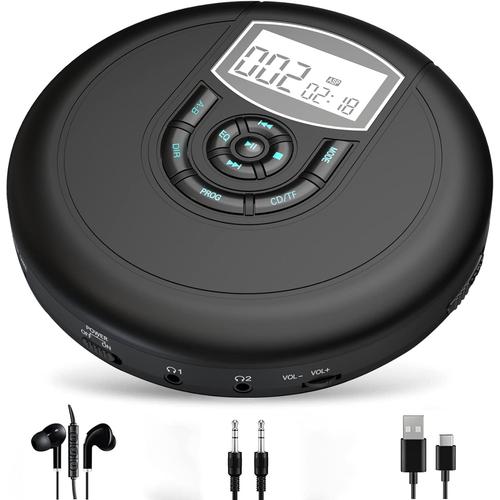 Lecteur CD Portable avec Haut-parleurs et Double Prise Casque, Lecteurs CD Rechargeable avec Batterie Intégré de 2000 Mah, Baladeur Lecteur CD pour Enfant, Adultes, Voiture, Voyage