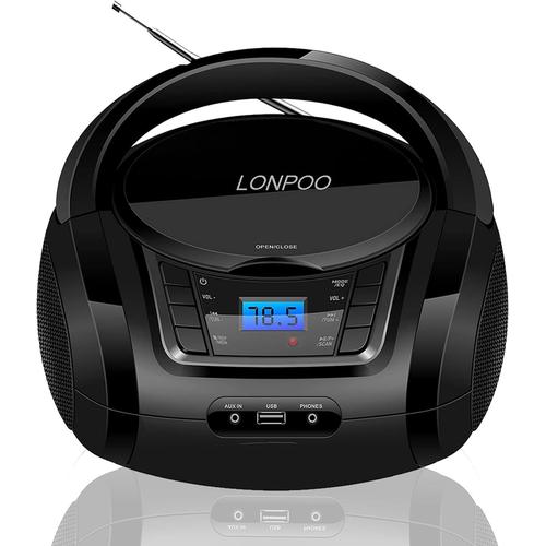 Lecteur CD Portable pour Enfants - FM Radio CD Boombox avec Bluetooth, entrée USB, Port AUX et Sortie Casque, Stéréo Haut-parleurs