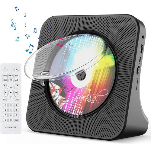 Lecteur CD de Bureau avec Bluetooth Lecteur CD Mural Haut-parleurs HiFi Intégrés Portables avec écran LED Audio Domestique Boombox Radio FM USB Type-c Lecteur(Noir)