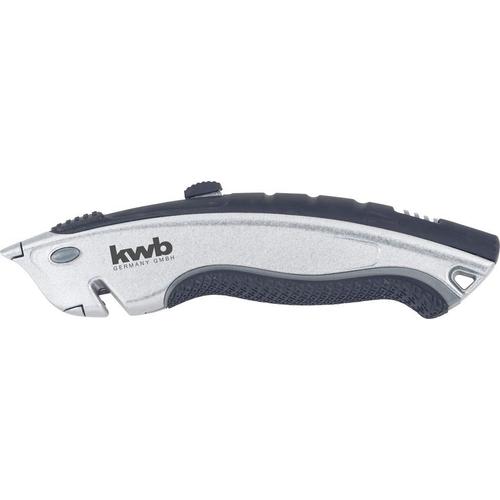 KWB Cutter de sécurité ergonomique à lame trapézoïdale avec coupe-fil (4 lames trapézoïdales, boîtier en métal), 175 mm - 013320