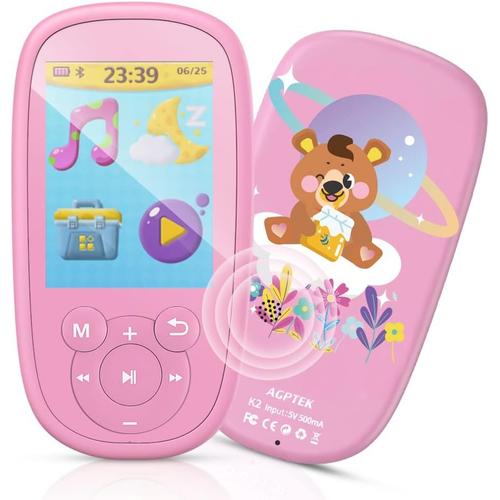 MP3 Enfant Bluetooth 8Go Design d'ours avec Haut-Parleur, Lecteur avec d'Ecran 2.4¿¿ Ecouteur et Corde Inclus, Baladeur Musical Sport Radio Vidéo Slot de Carte 128g pour Cadeau de Fête-Rose