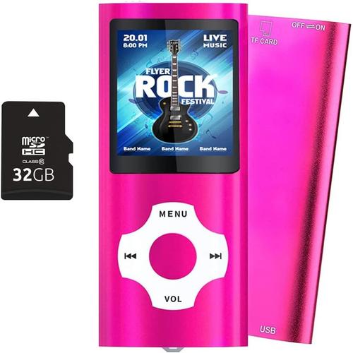 32Go Portable Lecteur Musical MP3, sans Perte HiFi, Radio FM, Enregistreur Vocal, Vidéo, E-Book, Sport pour Courir, 18 Heures de Lecture de Musique, Carte TF Jusqu¿à 128 Go Rose