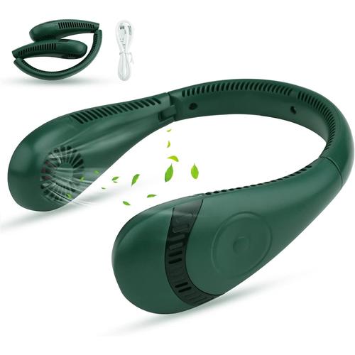 Ventilateur Personnel Portable, Pliable, Mains libres, Rechargeable par USB, avec 3 vitesses, ventilateur portable sans pales pour bureau, voyage, camping, course à pied (5 000 mAh) (Vert)