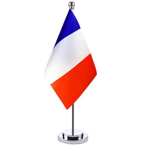 Drapeau Francais de Table avec Mât en Métal Petit Drapeaux France de Bureau Drapeaux de Bureau Français 21 x 14 cm et Support pour Mât Hauteur 30cm pour Bureau Maison Conférences Festival Célébration