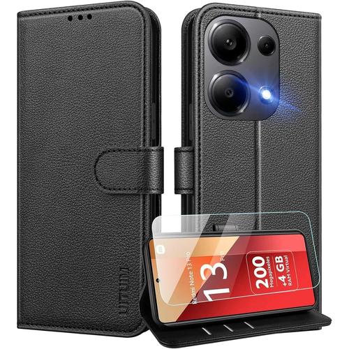 Coque Pour Xiaomi Redmi Note 13 Pro 4g (Pas Pour 5g) Coque Etui Portefeuille Cuir Avec Verre Trempé Protection Écran Porte Carte Rabat Clapet Pochette Flip Case Étui Cover Housse Etui,Noir