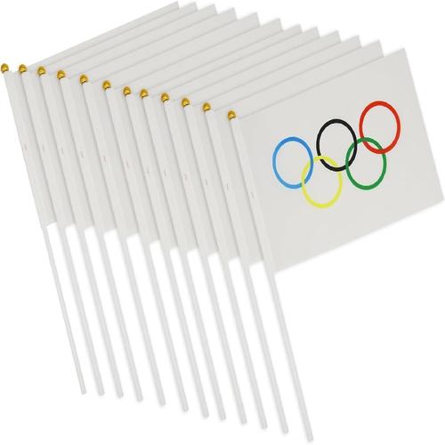 20PCS Petit Drapeau Olympique, Mini Drapeaux Jeux Olympiques Paris 2024 avec Poteau Blanc, Jeux Olympiques Decoration,14x21cm