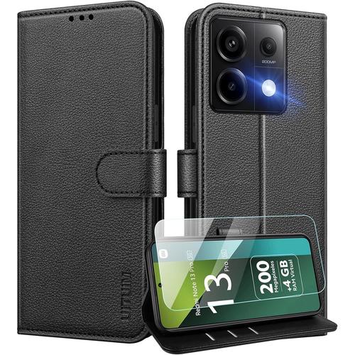 Coque pour Xiaomi Redmi Note 13 Pro 5G (Pas pour 4G) Coque Etui Portefeuille Cuir avec Verre Trempé Protection Écran Porte Carte Rabat Clapet Pochette Flip Case Étui Cover Housse Etui,Noir