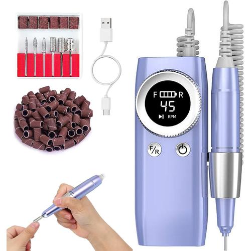 Ponceuse Pour Ongles Professionnelle 45000 Rpm Pour Manucure Pédicure Electrique Portable Rechargeable Avec 6 Embouts Et Affichage Led Pour Domicile/Salon, Retirer Vernis/Gel(Pourpre) 