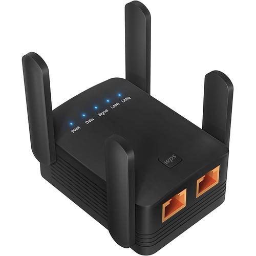 Répéteur WiFi amplificateur WiFi Puissant 2.4GHz WiFi Range Extender sans Fil Booster (répéteur sans Fil à 2 Ports Ethernet/4 antennes/routeur/Mode AP, Plug and Play, WPS)