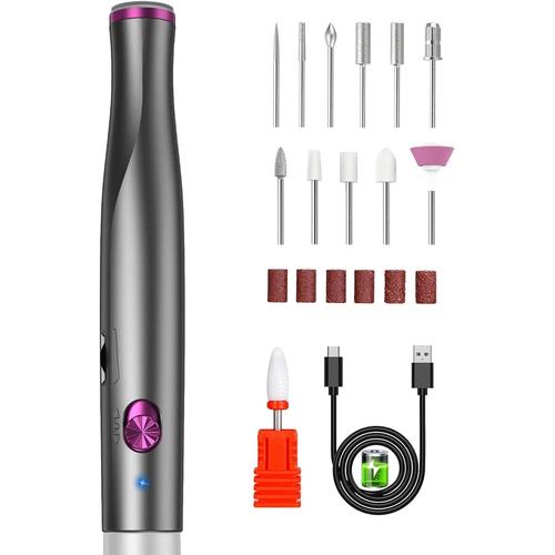 Ponceuse Pour Ongles Électrique Sans Fil 25 000 Tr/Min Pour Ongles En Gel Avec 12 Embouts De Ponceuse À Ongles, Lime À Ongles, Manucure Et Pédicure Avec Lampe Led (Gris) 