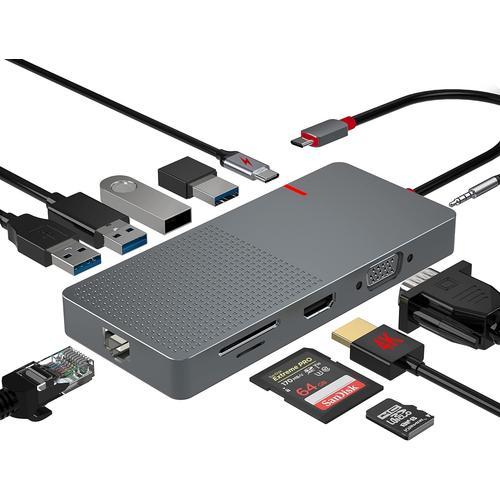 Hub USB 11 en 1 4K HDMI Adaptateur USB C Ethernet,VGA,(2usb 3.0 / 2usb 2.0) Rj45, Lecteur de Carte SD/TF Audio Jack, pour MacBook Pro Air M2 M1 HP Deck Dell Lenovo