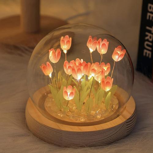 Rose Veilleuse Tulipe Bricolage, Lampe Tulipe Faite À La Main Fleur Veilleuse Mini Tulipe Fleur Lumière, Simulation Fleur Chambre Sommeil Lampe De Table Chevet Sommeil Lumière Pour Femme Mariage(Rose)