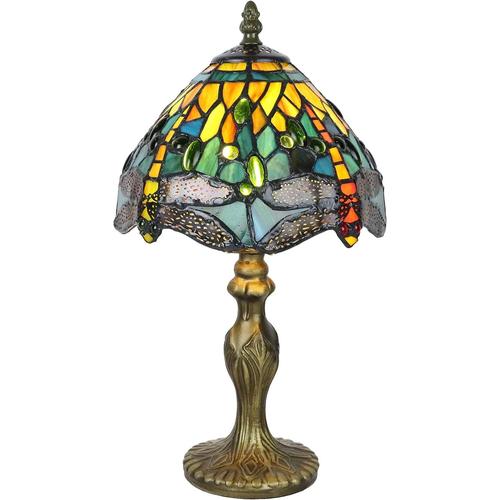 Multicolore Tiffany Lampe de Table Libellule, 8 Pouces Verre Multicolore Abat-jour, Vert Vintage Petite Veilleuse Salon Chambre Chevet Restaurant, [Sans Ampoule]