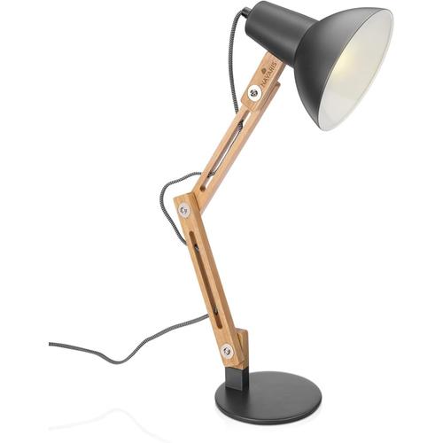 Gris Lampe De Bureau En Bois - Lampe Design Led À Poser Avec Bras Articulé En Hévéa - Lampe Vintage Pour Table De Chevet - E27-40w