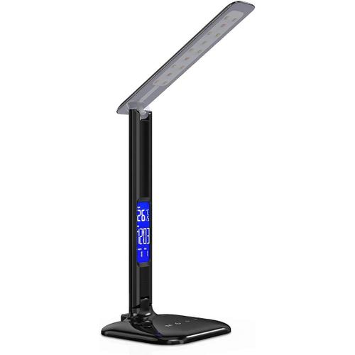 Noir Lampe De Table Led - Lampe De Bureau Multifonction Heure Réveil Calendrier Température - Lumière Réglable Et Port Usb - Ecran Lcd - Noir