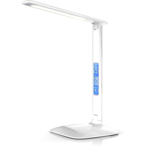 Blanc Lampe De Bureau Dimmable, Lampe De Table Led Pliable, Desk Lamp, 27 Leds, 3 Modes De Couleur, 5 Niveaux De Luminosité, Écran Rétroéclairé, Affichage Température, Heure, Alarme, Calendrier