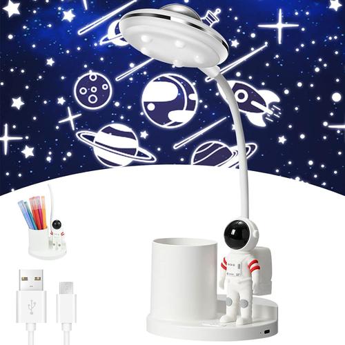 Blanc Porte-Stylo 2 En 1 Et Lampe De Bureau Pour Enfant,Lampe De Bureau Projecteur Led À Intensité Variable,Lampe D'apprentissage Avec Projection,Col De Cygne Flexible À 360 °,Pour Garçons Et