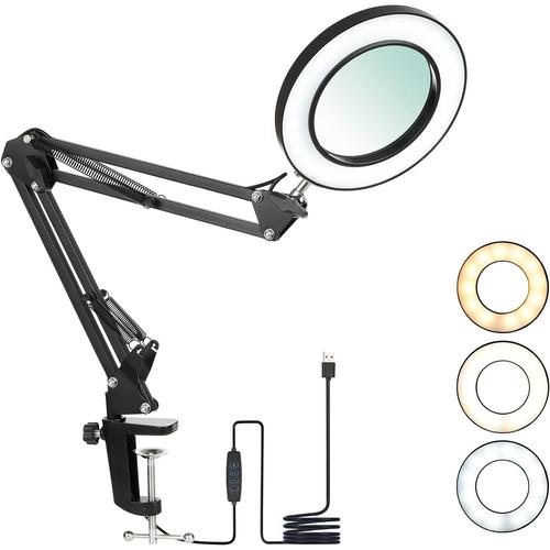 Noir Lampe loupe à LED avec Pince, Loupe avec Lumière de 8 Dioptries Lampe de Loupe éclairées 3 Couleurs Bras Pivotant, Dimmable Lumière pour la Lecture pour Table ou Atelier¿8X¿