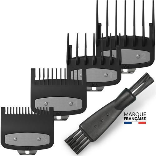 Noir Sabots tondeuse pour Dégradé Pack x4 (1.5+3+4.5+6mm +1x Brosse) Lot de 4 Sabots compatible avec les tondeuses Wahl ?GARANTIE A VIE? Accessoire Coiffeur/Salon/Barbier/Barber/Coiffeur Kits 4