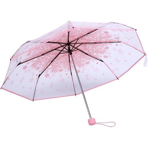 Rose Princesse Parapluie Transparent Trois Plis Parapluie Femmes Transparent Clair Fleur De Cerisier Champignon Sakura Parasol Pliant Parapluies De Pluie(Rose)