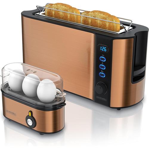 B: Cuivre Set Ensembles grille-pain FRUKOST et cuiseur à oeufs THREECOOK Inox cuivre, grille-pain 2 tranches écran LED 6 degrés de brunissage support viennoiserie, Cuiseur à oeufs 1-3 oeufs, verre