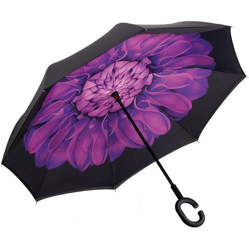 Violet Daisy ® Inverser Inversé Parapluie Manuel Ouvert Violet Daisy Double Couche Autonome Mains Libres Imperméable À L'eau Anti-Ultraviolet Inverser Parapluie Pliant Avec 8 Côtes De Fibres