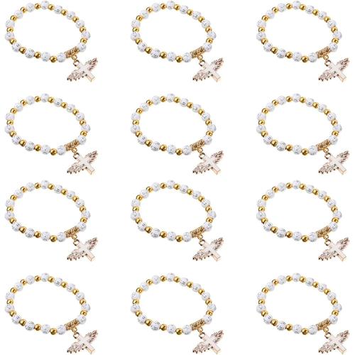 12pcs Ange Aile Croix Bracelet Perles Bracelets Baptême Bracelet De Perles Cadeau De Douche De Bébé Pour Première Communion Baptême Bautizo Recuerdos Église Événement (Blanc)