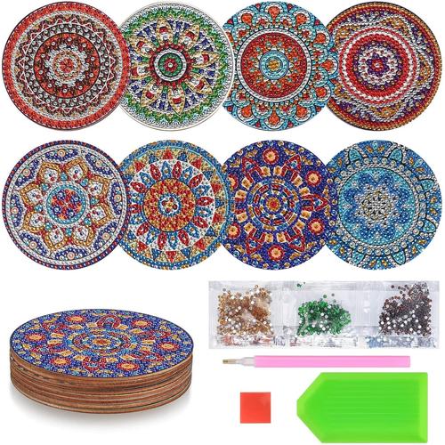 8 Pièces 5d Diy Diamant Peinture Dessous De Verre, Rond Mandala Sous-Verres Art De Diamant, Tasse Boissons Sous-Verres Dessous Verres De Table Pour Adultes Enfants Artisanat