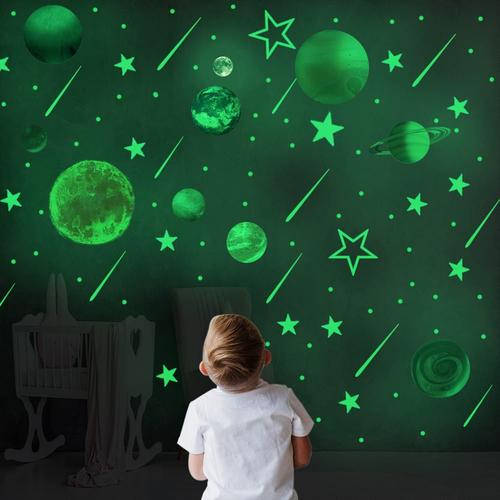 Sticker Mural Lumineux Espace,CAYUDEDN Sticker Mural Planètes du Système Solaire Fluorescent,Stickers Phosphorescent,Fluorescent Sticker Murale Étoiles pour Chambre D'enfant Bébé Plafond Salon Decor