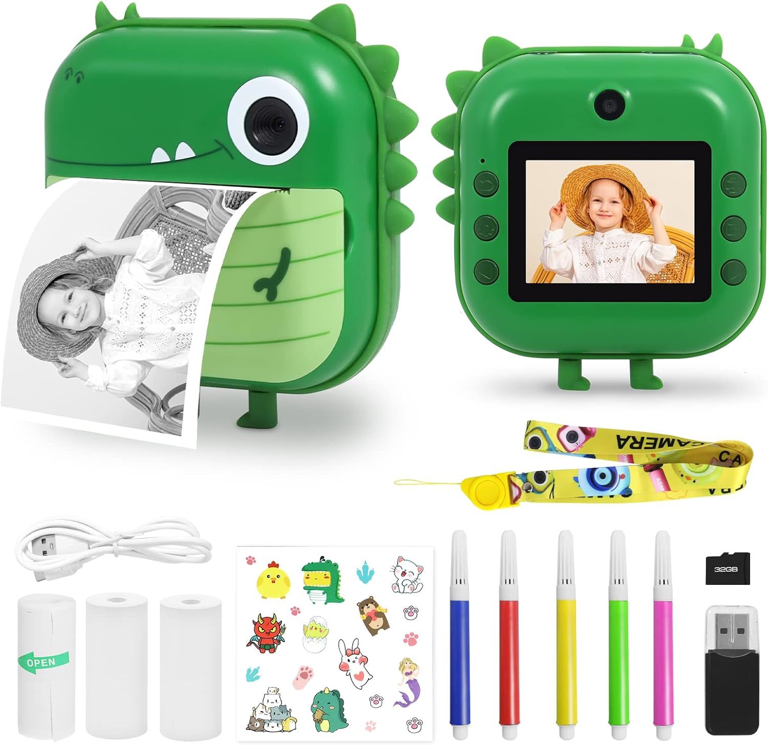 Appareil Photo Instantané Pour Enfants, Mini Caméra D'impression Thermique, Double Caméra 48 Mp, Vidéo Hd 1080p, Carte Tf 32 Go, 3 Feuilles D'impression, Écran Couleur 6,1 Cm, Mignon Dinosaure.