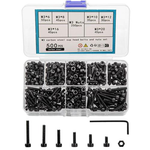 Ensemble de vis M3, 500 pièces vis cylindriques avec Hex Socket Screws Set, assortiment de vis et d'écrous, vis à tête hexagonale avec écrous