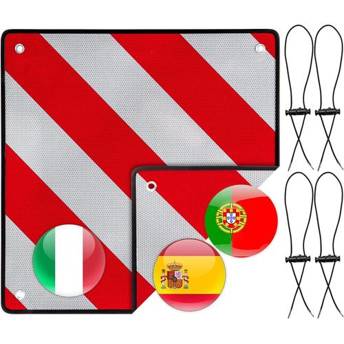 Panneau d'avertissement Italie et Espagne 4 cordes de serrage 2 en 1 50 x 50 cm, Panneau d'avertissement réfléchissant en aluminium rouge et blanc pour porte-vélo Remorque Caravane Voiture Camping-car