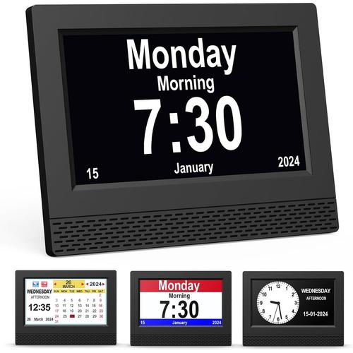 Horloge Numérique Calendrier, 7"" Pouce LCD Auto Dimming 10 Langues avec Date Jour et Heure Horloge Non-Abrégée, Plusieurs Modes pour Vision Altérée Alzheimer Les Personnes âgées - Noir