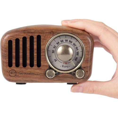 J-919 Radio Portable Rechargeable Classique Bois Rétro FM, Lecteur MP3 Via SD, Bluetooth, AUXiliaire, avec Cadran de 270° (Bois de Noyer)