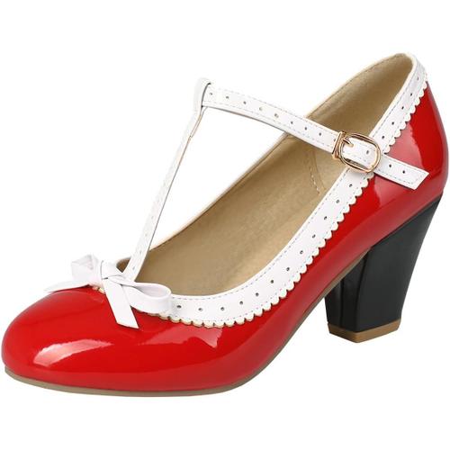 Mary Jane Femme Lanière Escarpin Talon Carré Bloc Haut Vernis Avec Noeud Boucles Chaussures 7cm