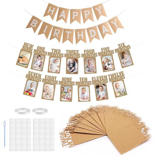 1er Anniversaire Photo Bannière et Guirlande Happy Birthday Set 1-12 Mois Photo Banner Milestone Photo Bébé Bruant Cadre Photo en Papier Kraft pour Sainte Communion Baptême Fête Décor