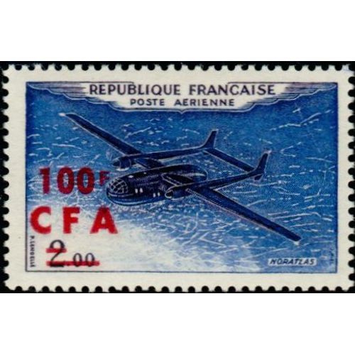 La Réunion, Département Français 1961, Beau Timbre De Poste Aérienne Yvert 58, Avion Noratlas 2.00f Bleu Et Bleu Nuit Surchargé "100f Cfa", Neuf*