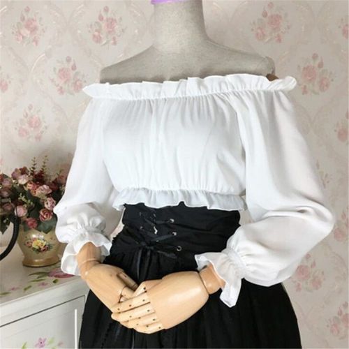 Expédié De Paris - Top Lolita Haut Veste T Shirt Mousseline Blanc Bordeaux Bleu Noir Vintage Rétro Médiéval Maid Femme Fille