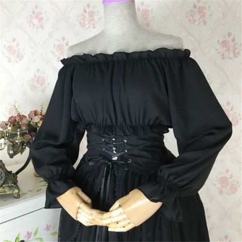 Expédié De Paris - Top Lolita Haut Veste T Shirt Mousseline Blanc Bordeaux Bleu Noir Vintage Rétro Médiéval Maid Femme Fille