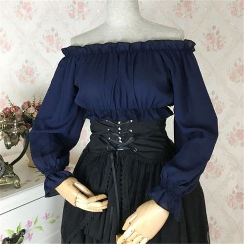 Expédié De Paris - Top Lolita Haut Veste T Shirt Mousseline Blanc Bordeaux Bleu Noir Vintage Rétro Médiéval Maid Femme Fille