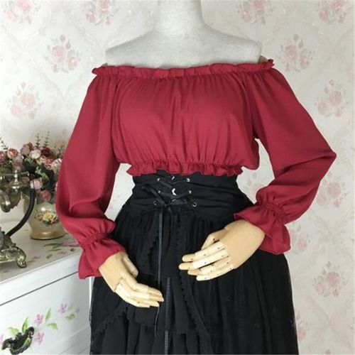 Expédié De Paris - Top Lolita Haut Veste T Shirt Mousseline Blanc Bordeaux Bleu Noir Vintage Rétro Médiéval Maid Femme Fille