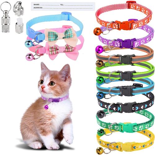 Collier Chat 10pcs Réglable Réfléchissant Collier Chaton Avec Noeud Papillon, Collier Chiot Anti Étranglement Avec Clochette Et 2 Pendentif Porte-Adresse Anti-Perdue