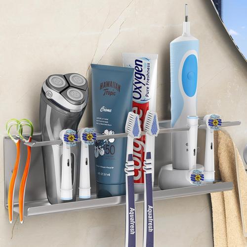 Porte-Brosse à Dents Électrique, Support de Brosse à Dents Mural, Rangement Brosse à Dents avec 10 Fentes Compatible avec Oral B IO Philips Sonic, Organisateur de Rasoir à Dentifrice, Argent