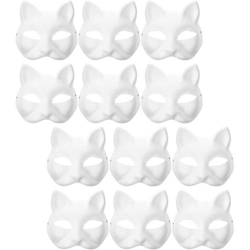 Masques De Chat 12 Pièces Masques D'animaux En Papier Blanc Masque Vierge Animal Non Peint Demi-Visage Peinture Pour Travaux Manuels Masque De Mascarade Accessoire De Costume Pour