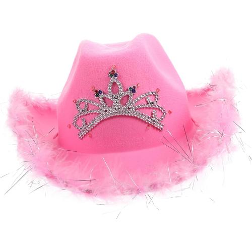 Chapeau de cowboy couronne rose avec chapeau de cowboy occidental léger bord de plume occidentale chapeau de cowboy rose LED accessoires de déguisement chapeau de pour femme robes