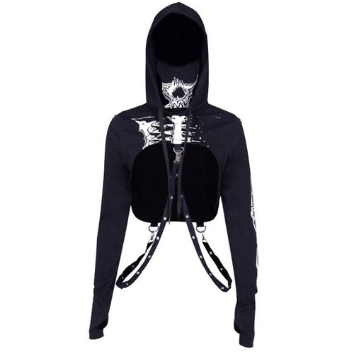 Expédié De Paris - Capuche Avec Cagoule Masque Protection Pull Sweat Veste Top Bretelle Noir Punk Anneau Rock Punk Gothique Crane Femme Fille Fothique Motard Biker