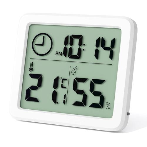 Mini Thermometre Interieur Numérique, Hygrometre Portable Professionnel À Grand Écran Avec Horloge, Thermomètre Blanc Précis, Hygromètrepour La Maison, Chambre De Bébé, Bureau, Serre