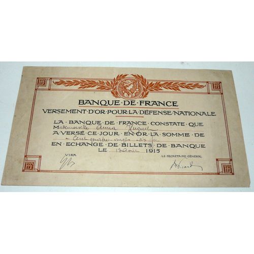 Banque De France, Versement D'or Pour La Défense Nationale 1915